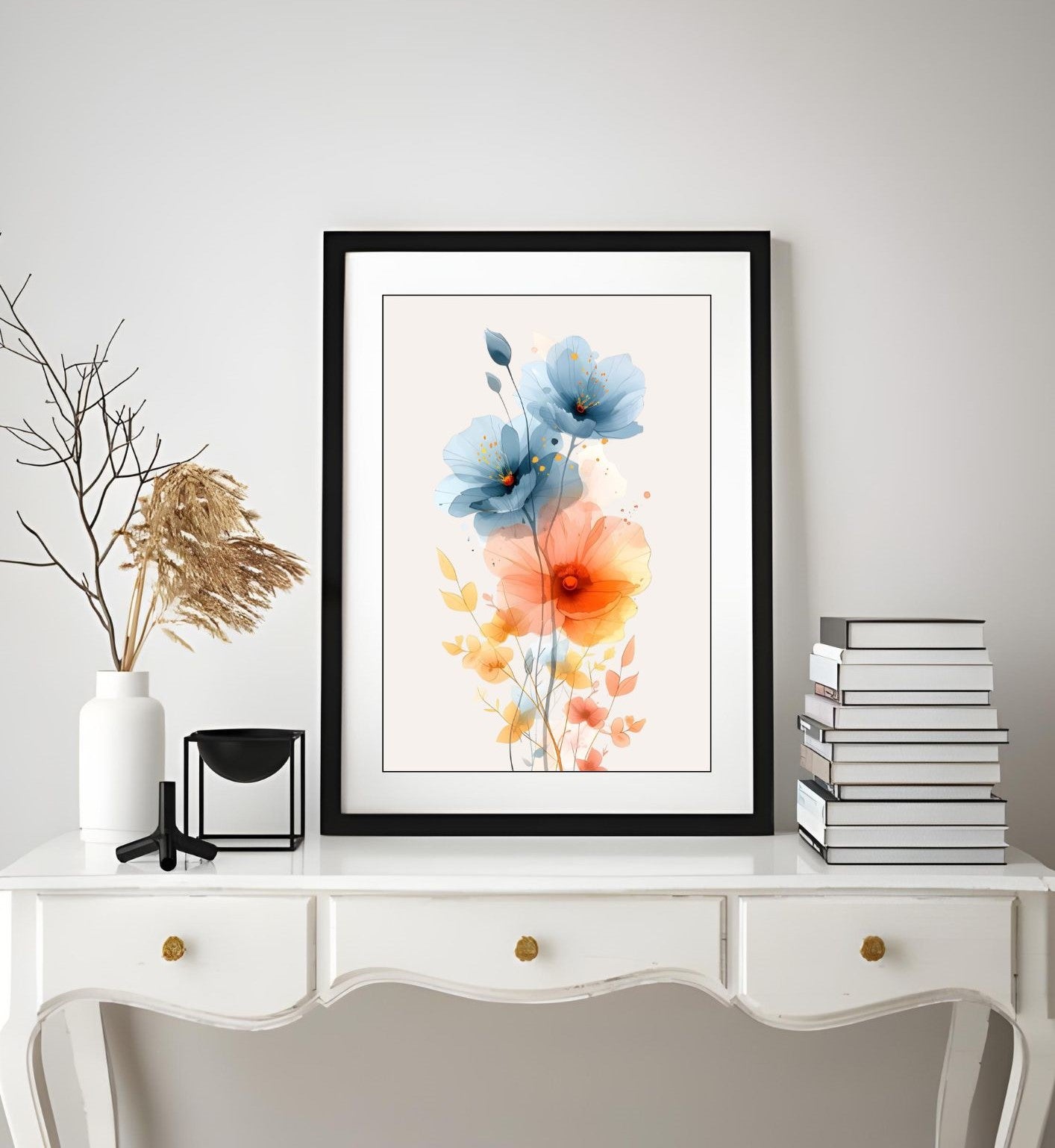 Watercolor Floral Wall Art – Modern Botanical Print with Blue and Orange Flowers – Minimalist Nature Decor for Living Room or Bedroom