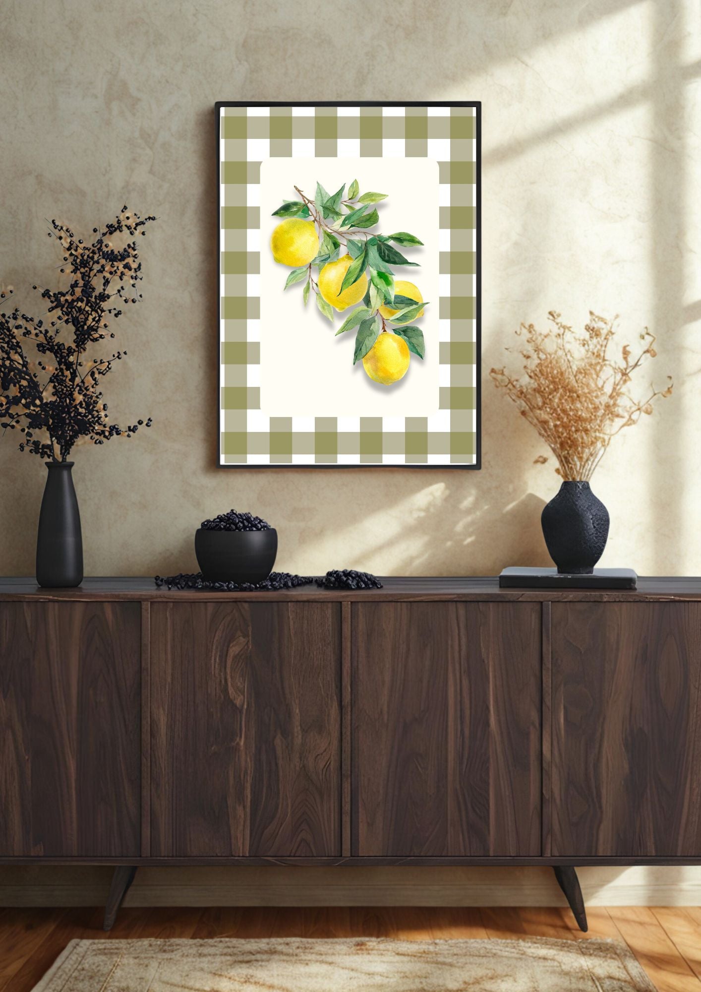 Lemon Kitchen Wall Art – Country Style Gingham Fruit Print – Fresh Summer Citrus Poster