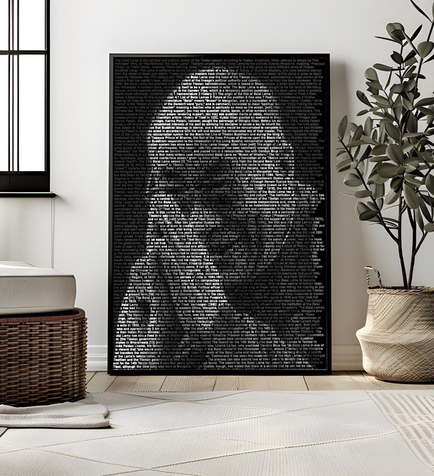 Dalai Lama Typography Portrait – Black & White Inspirational Wall Art – Printable Buddhist Quote Poster in a room setting.