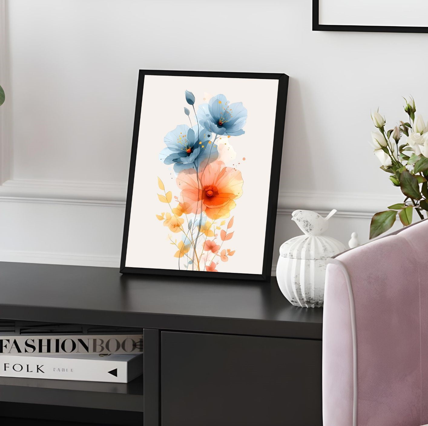 Watercolor Floral Wall Art – Modern Botanical Print with Blue and Orange Flowers – Minimalist Nature Decor for Living Room or Bedroom