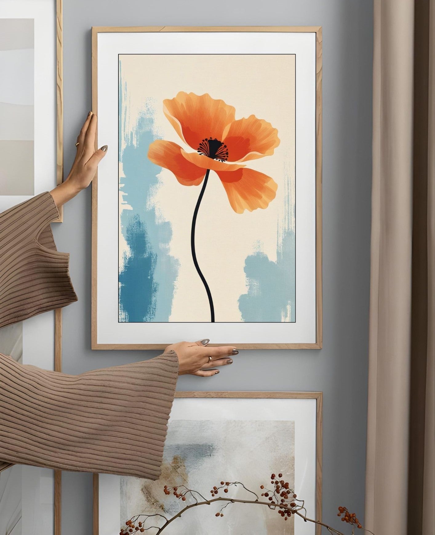 Modern Orange Poppy Wall Art – Minimalist Botanical Print for Home Decor – Digital Download