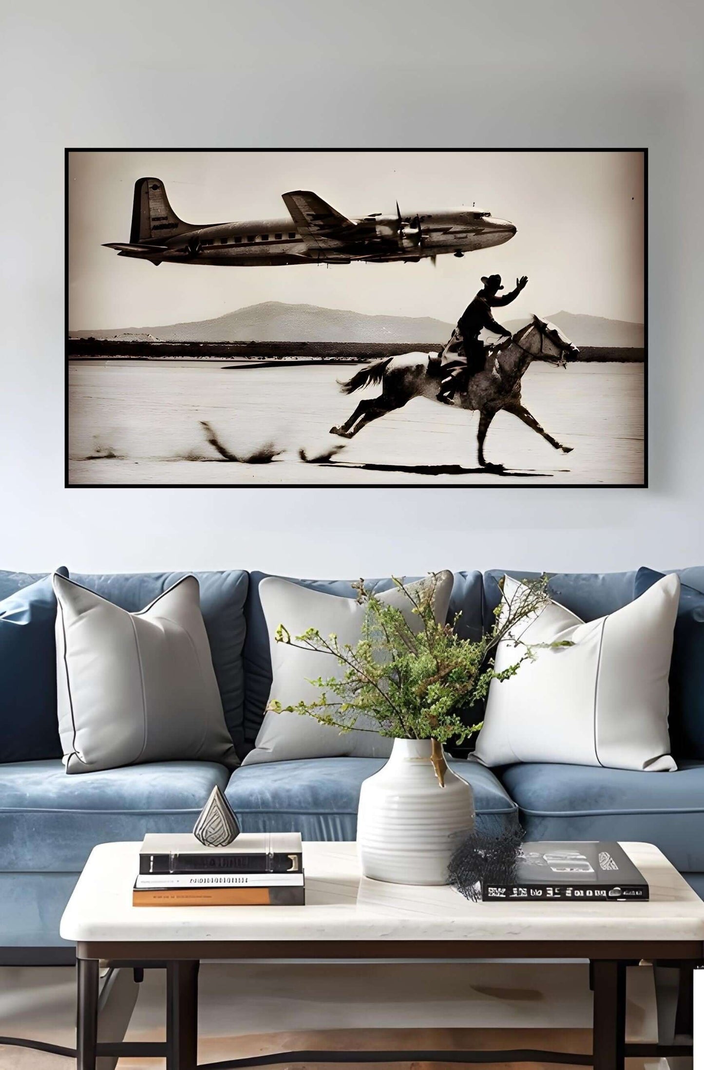 Cowboy Airplane Wall Art depicting a cowboy riding a horse with a vintage airplane flying above, adding rustic decor to your space.