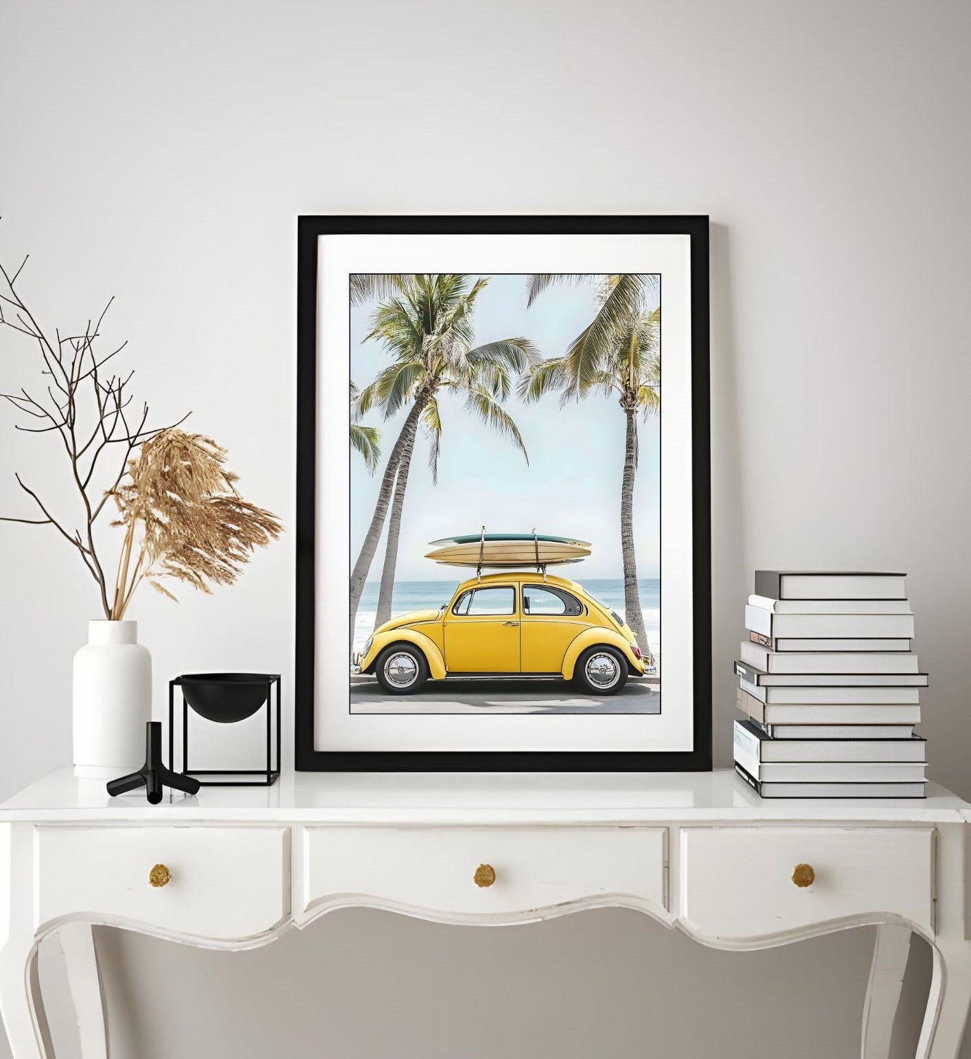 Modern Coastal Wall Art – Yellow VW Beetle with Surfboards – Printable Beach Poster for Summer Decor