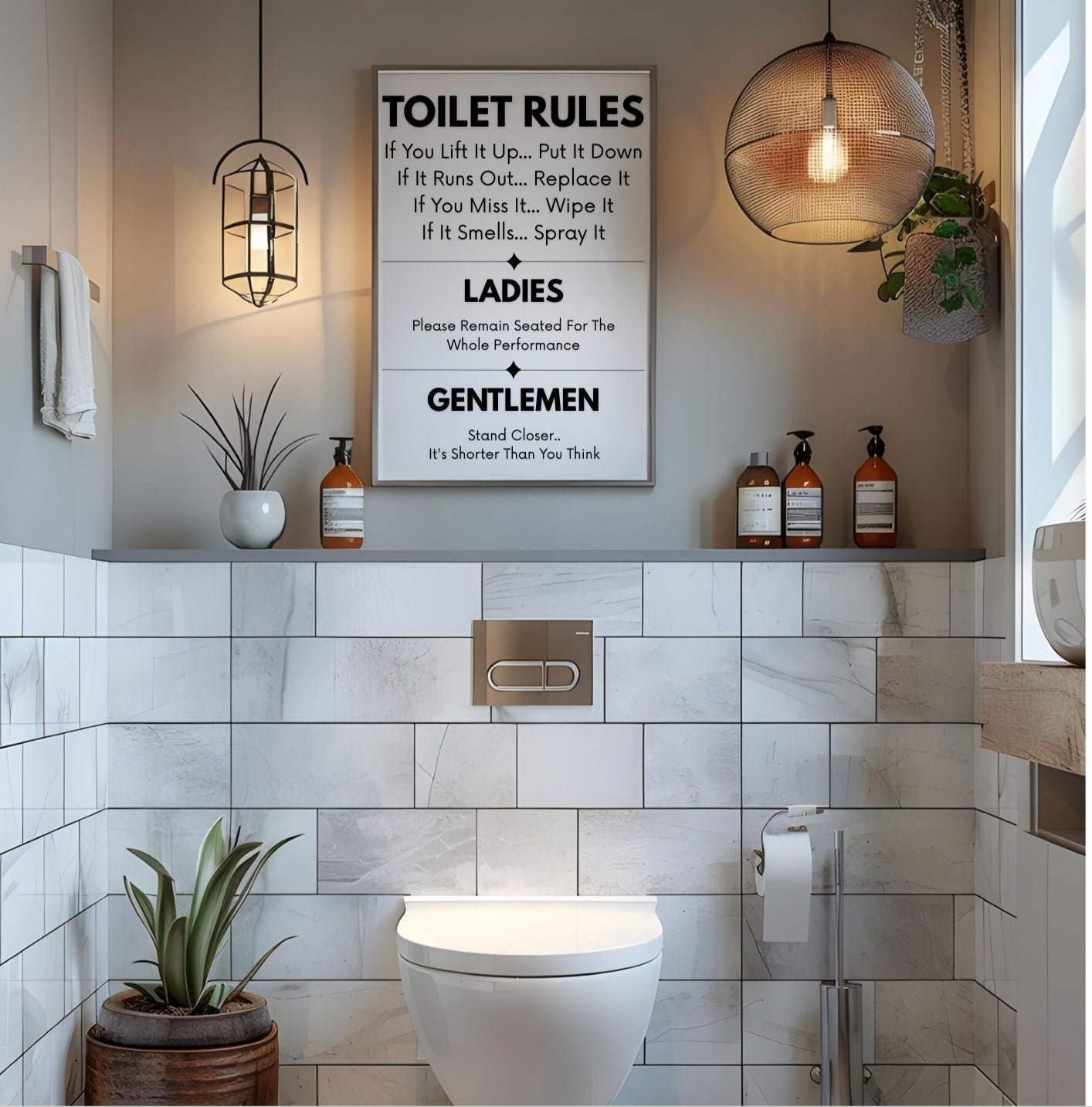 Modern bathroom with 'Funny Toilet Rules Sign – Humorous Bathroom Wall Art Printable | WC Decor Digital Download' above toilet.