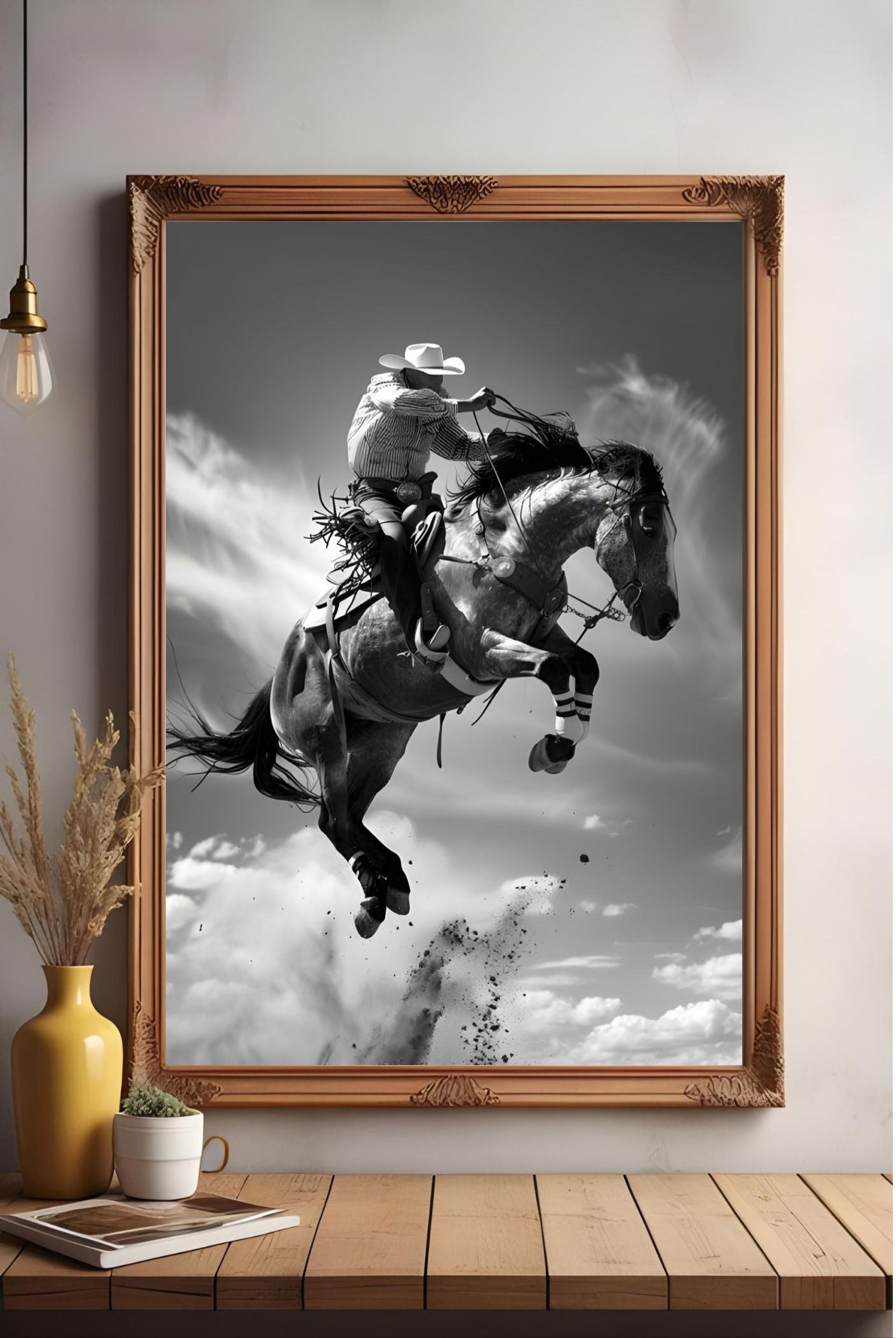 Cowboy Rodeo Wall Art | Black and White Western Horse Print | Rustic Country Decor