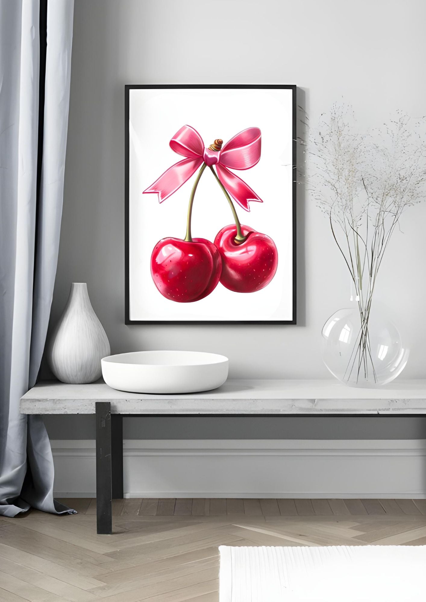 Retro Cherry Wall Art – Cute Pink Bow Kitchen Print – Pop Art Style Poster