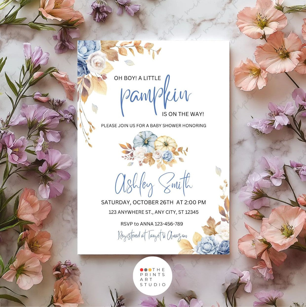 Blue Pumpkin Baby Shower Invitation | Editable Fall Baby Shower Invite | Rustic Floral Digital Download with watercolor design