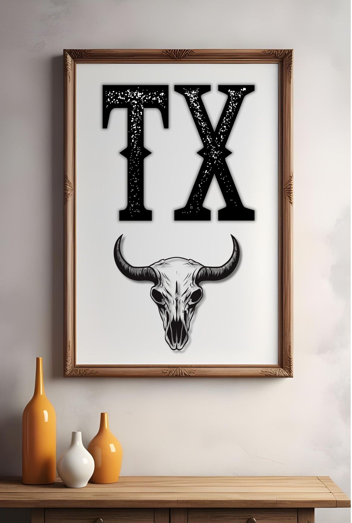 Bold TX Print with Bull Skull – Western Cowboy Wall Art, Texas Rustic Decor, Country Style Printable Poster, Digital Download