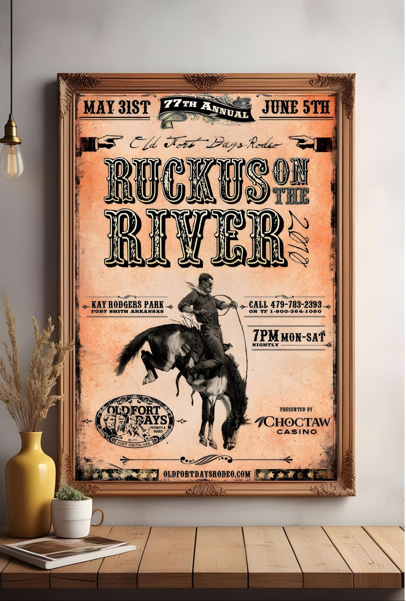 Vintage Rodeo Poster – Ruckus on the River 2010 – Western Cowboy Wall Art for Rustic Home Decor