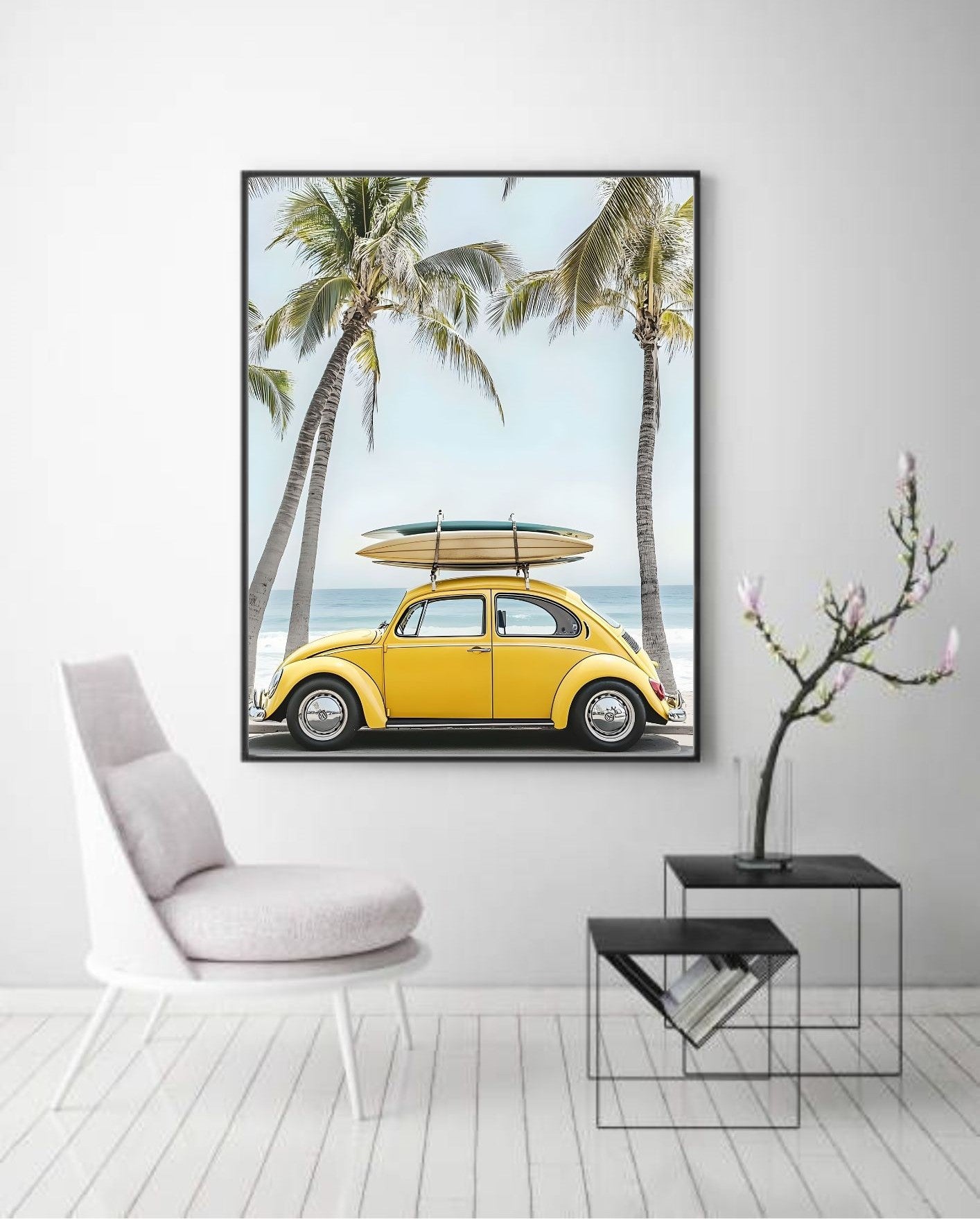 Modern Coastal Wall Art – Yellow VW Beetle with Surfboards – Printable Beach Poster for Summer Decor