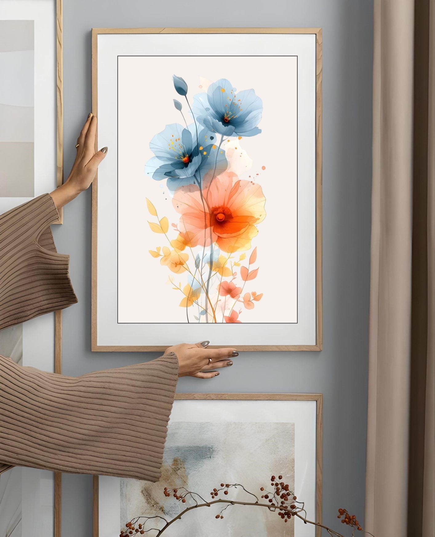 Watercolor Floral Wall Art – Modern Botanical Print with Blue and Orange Flowers – Minimalist Nature Decor for Living Room or Bedroom