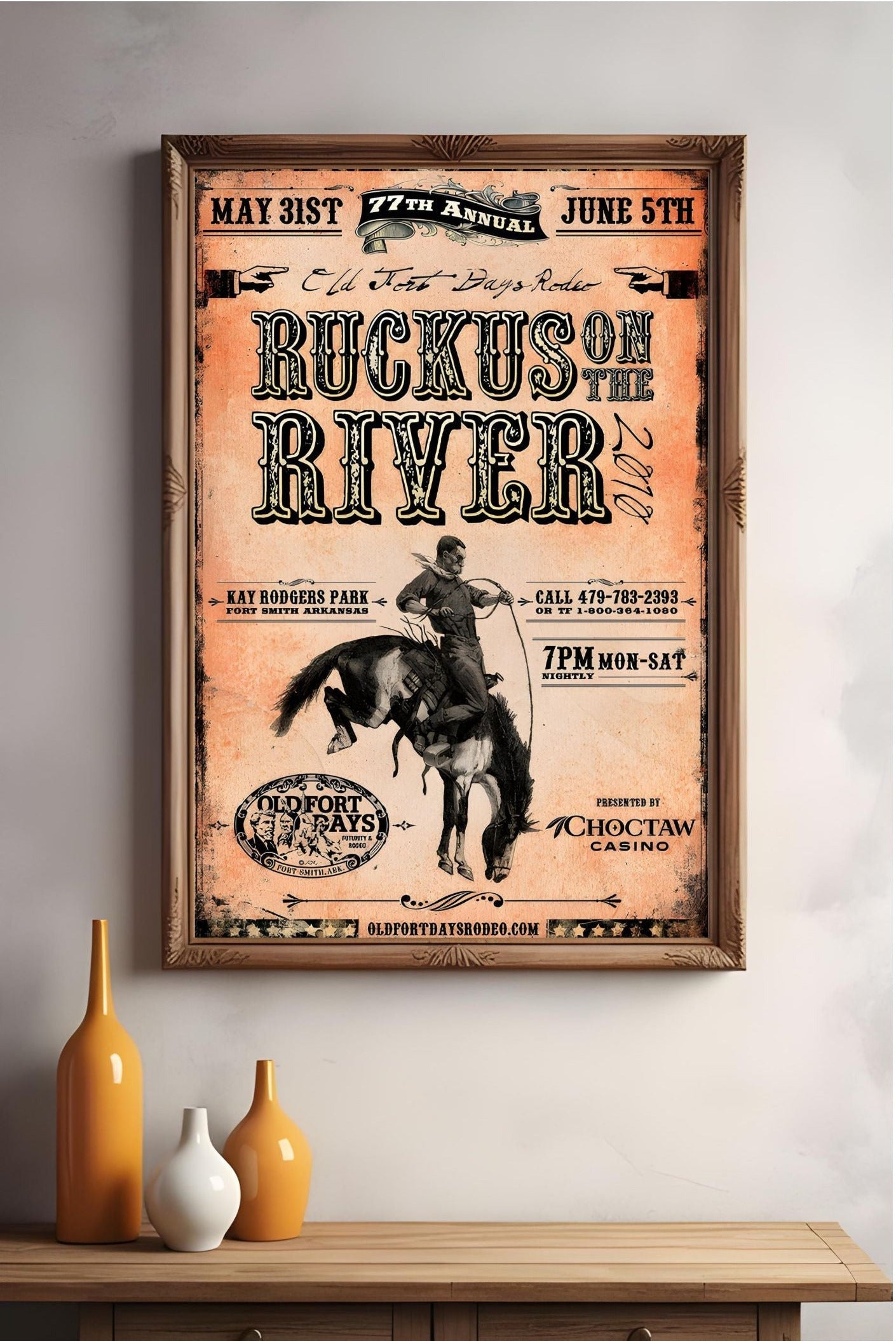Vintage Rodeo Poster – Ruckus on the River 2010 – Western Cowboy Wall Art for Rustic Home Decor