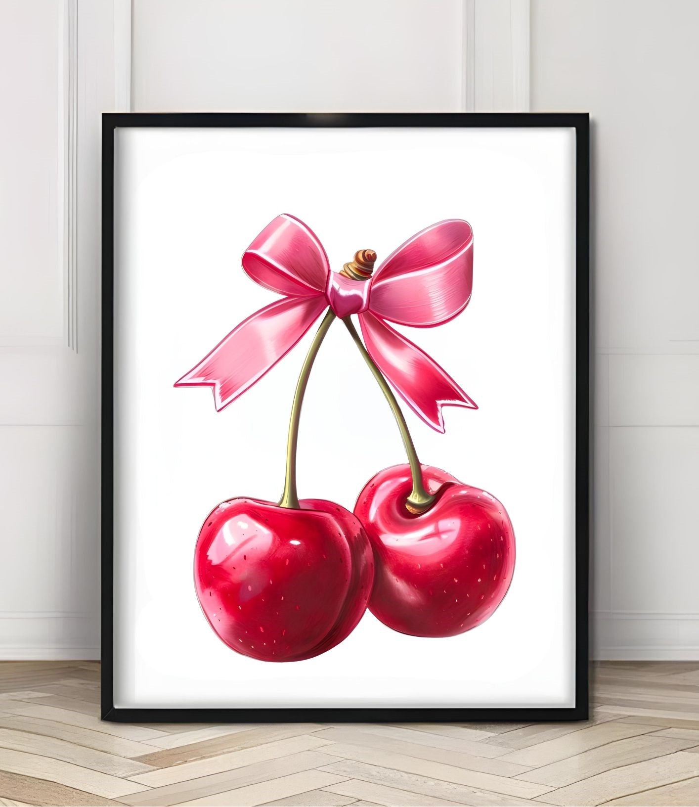 Retro Cherry Wall Art – Cute Pink Bow Kitchen Print – Pop Art Style Poster