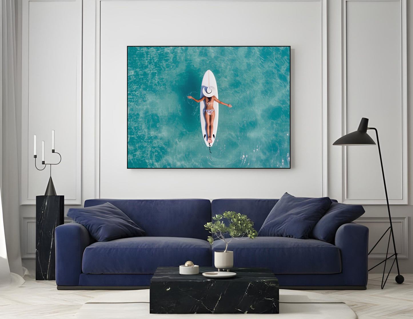 Surfboard Woman Aerial Ocean Print – Minimalist Beach Wall Art featuring serene coastal vibes in modern living room decor.
