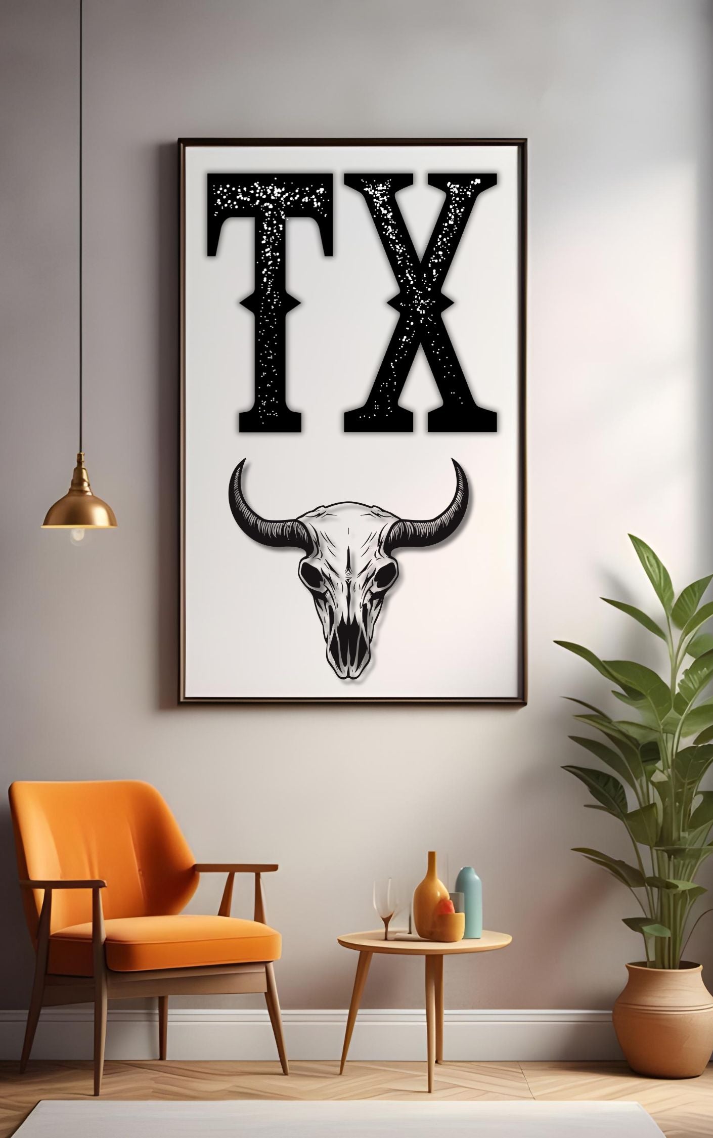 Bold TX Print with Bull Skull – Western Cowboy Wall Art, Texas Rustic Decor, Country Style Printable Poster, Digital Download