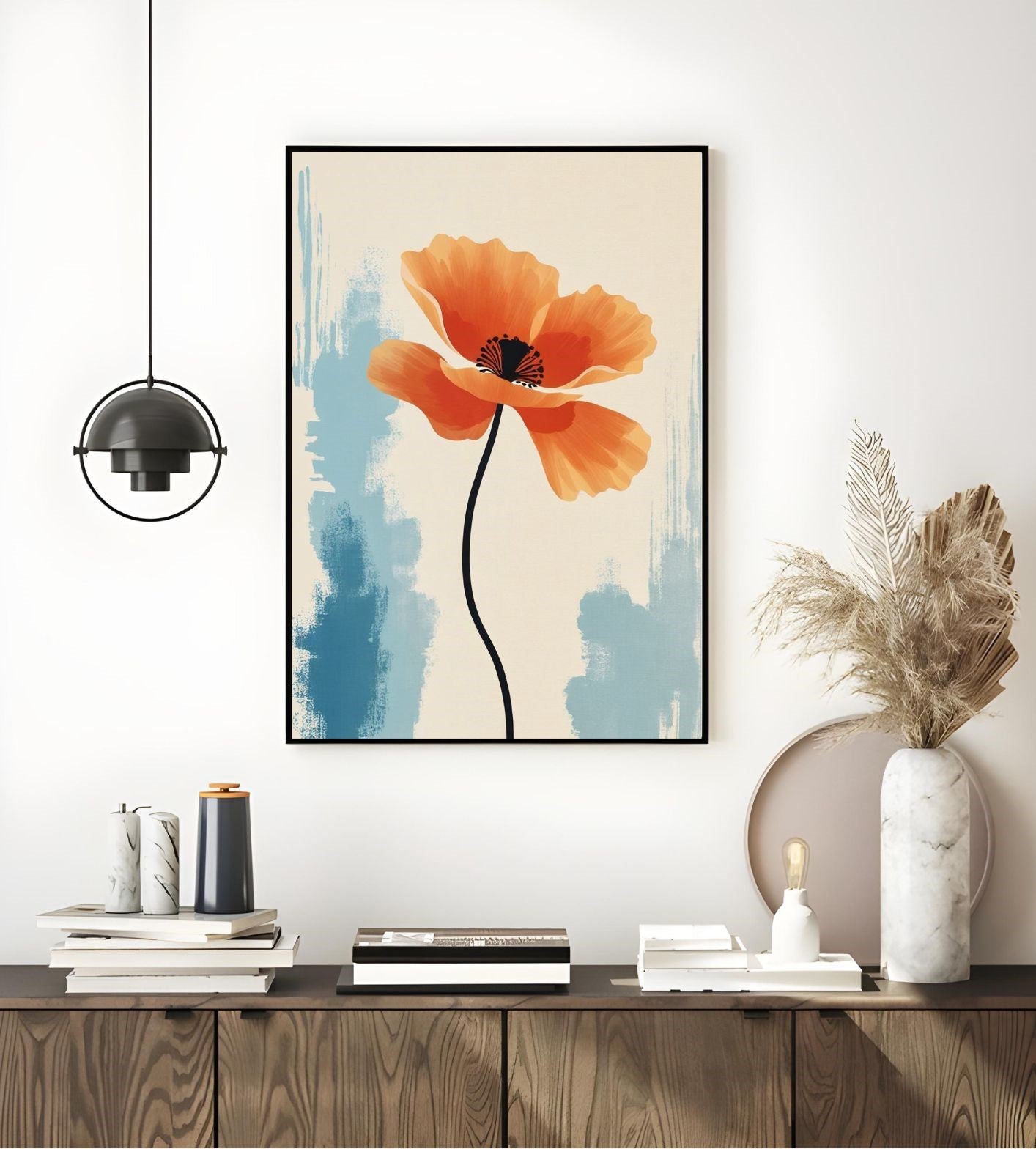 Modern Orange Poppy Wall Art – Minimalist Botanical Print for Home Decor – Digital Download
