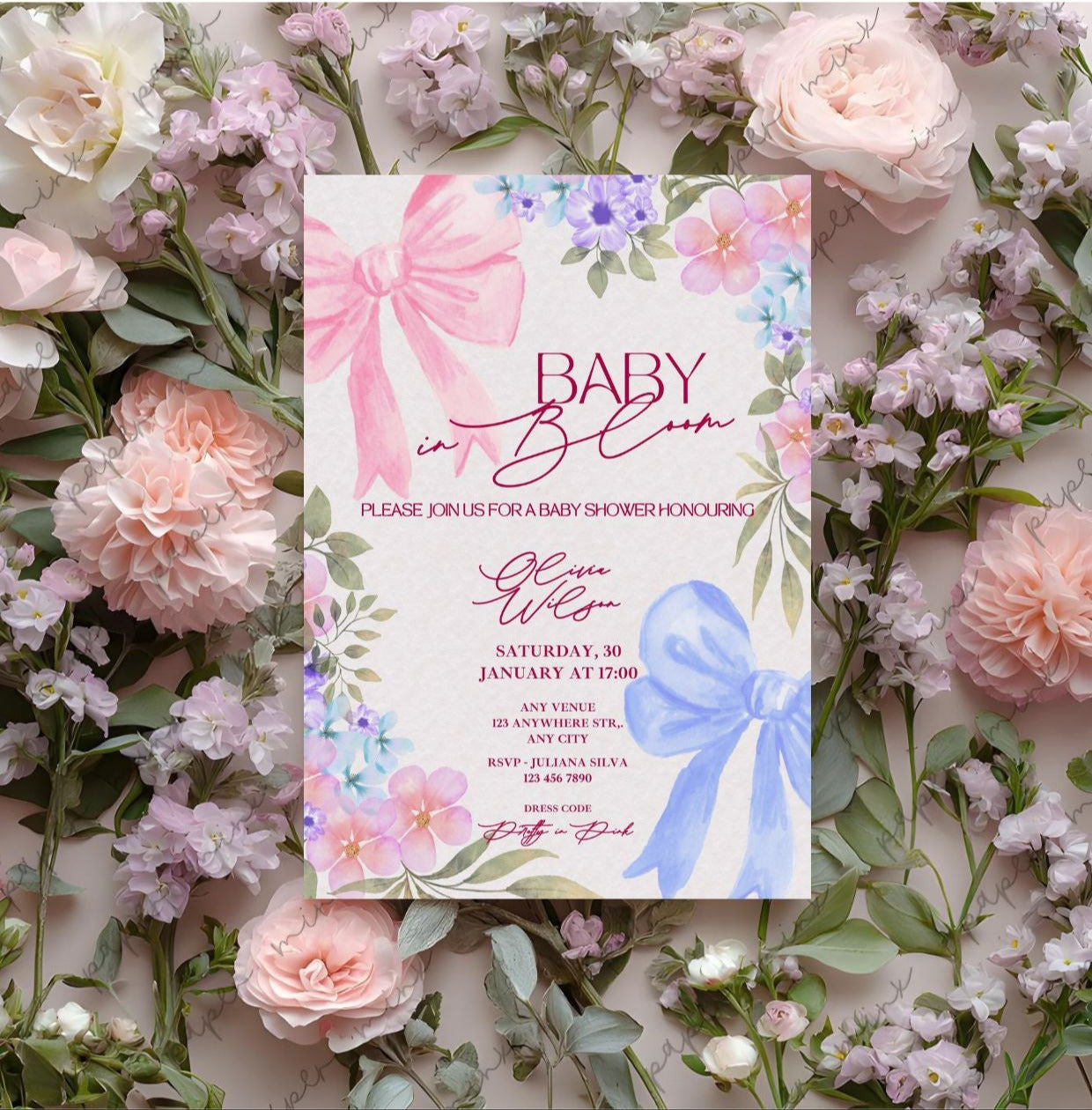 Baby in Bloom Baby Shower Invitation with pink floral bow, editable template, printable party invite on floral background.