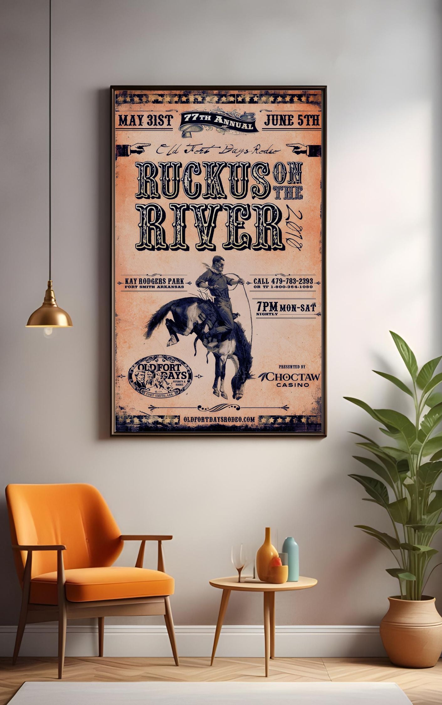 Vintage Rodeo Poster – Ruckus on the River 2010 – Western Cowboy Wall Art for Rustic Home Decor