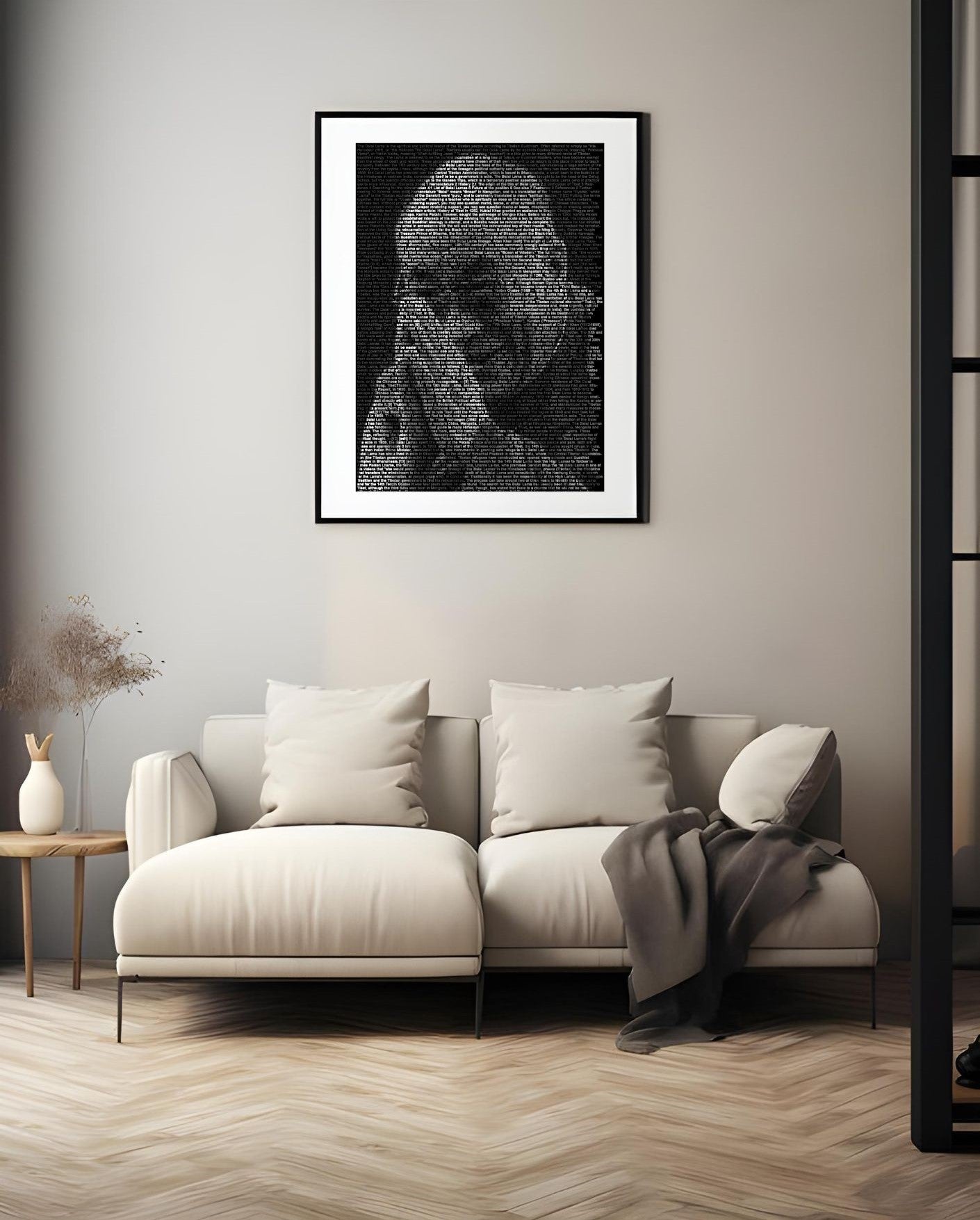 Dalai Lama Typography Portrait – Black & White Inspirational Wall Art – Printable Buddhist Quote Poster in modern living room.