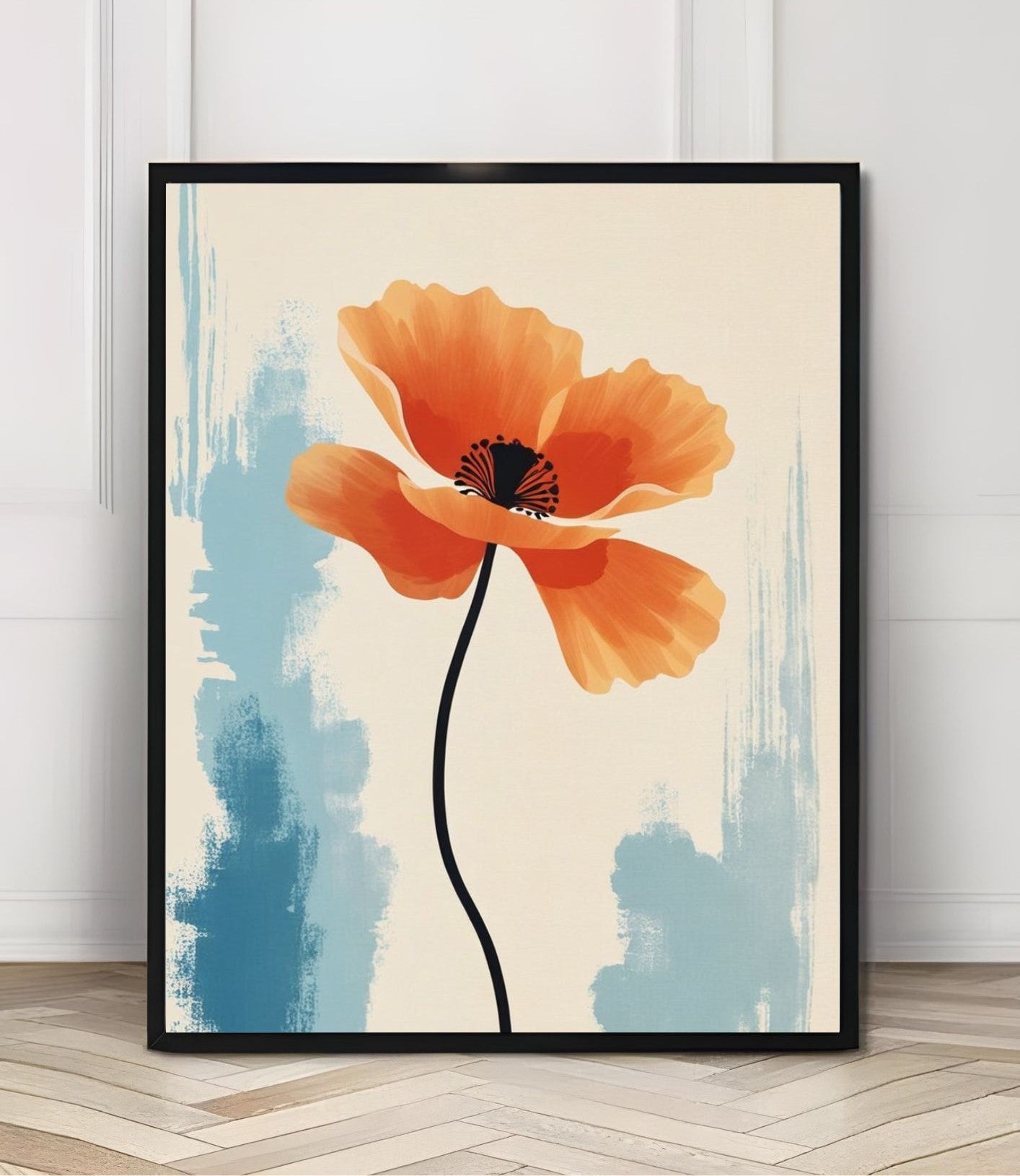 Modern Orange Poppy Wall Art – Minimalist Botanical Print for Home Decor – Digital Download