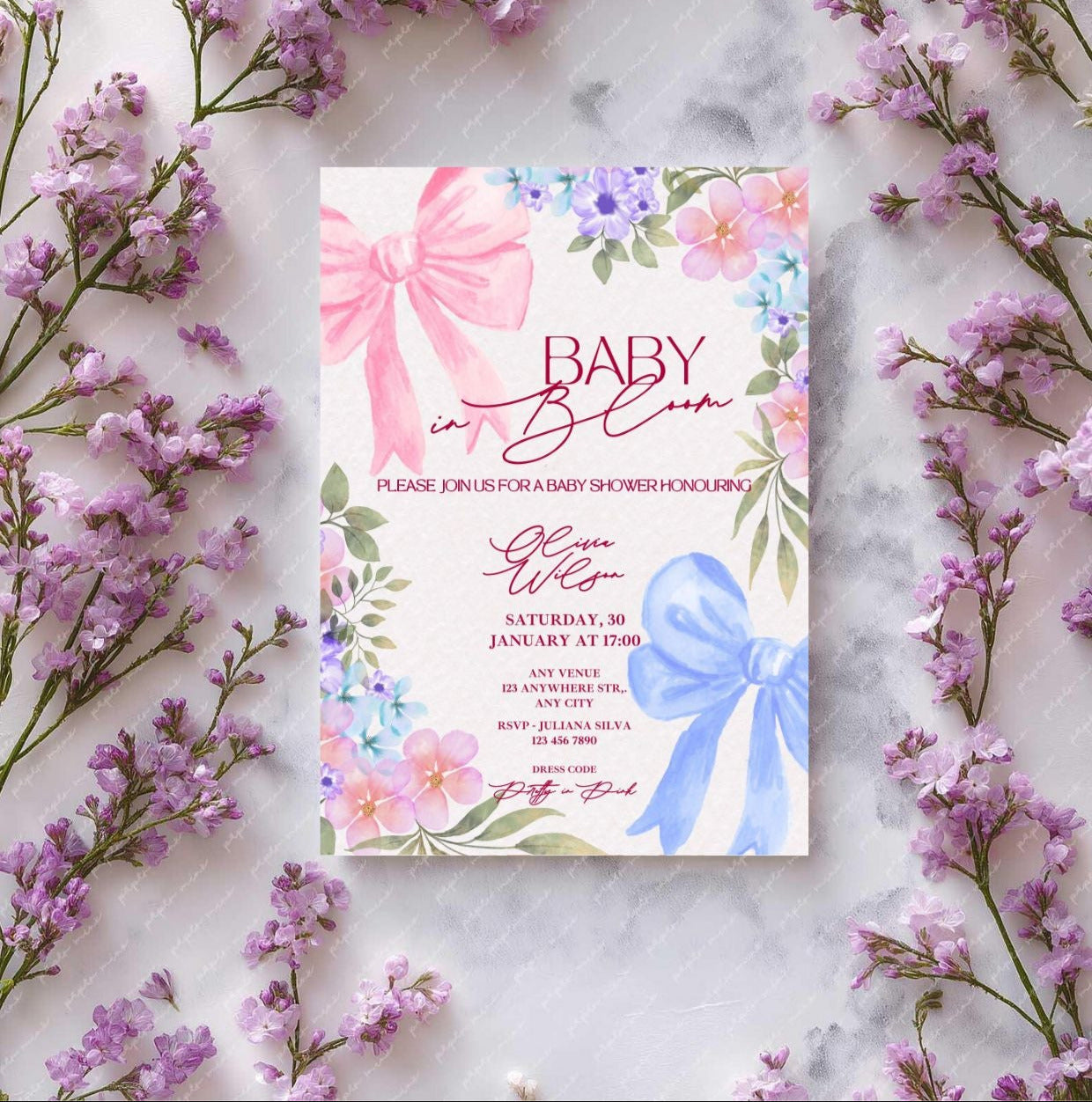 Baby in Bloom Baby Shower Invitation | Pink Floral Bow Editable Template | Printable Party Invite with watercolor flowers and bows.