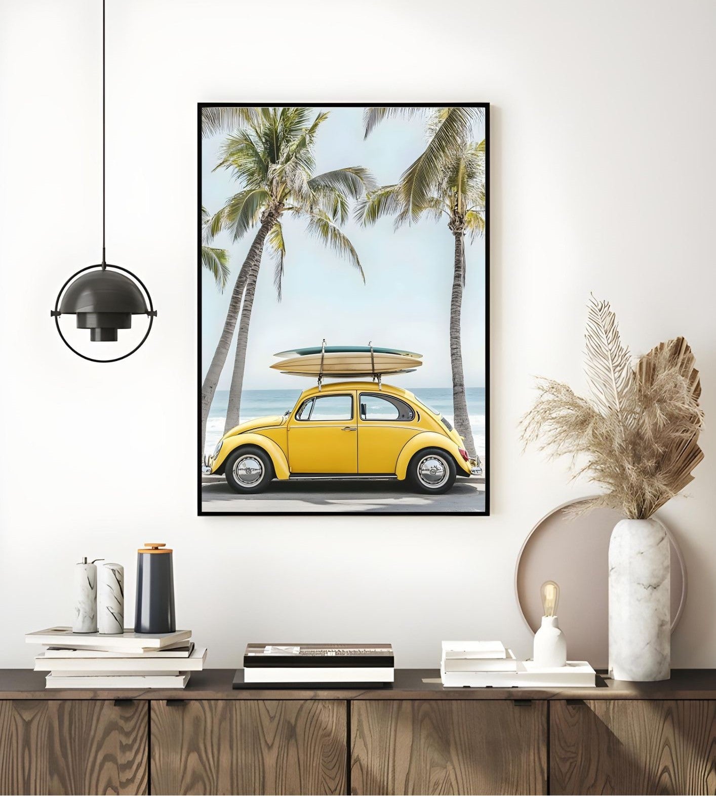 Modern Coastal Wall Art – Yellow VW Beetle with Surfboards – Printable Beach Poster for Summer Decor