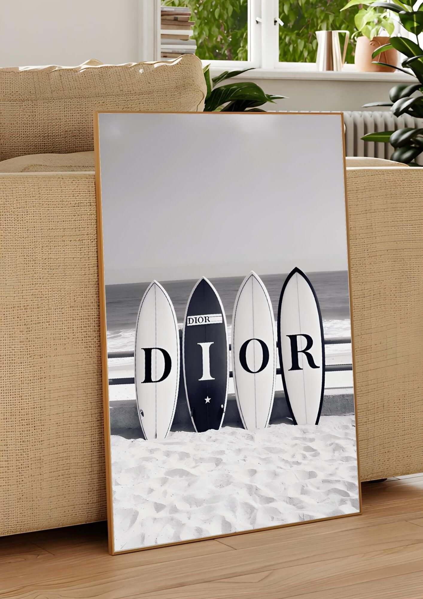 Black & White Surfboards Wall Art – Coastal Modern Digital Download Print on display in a home.