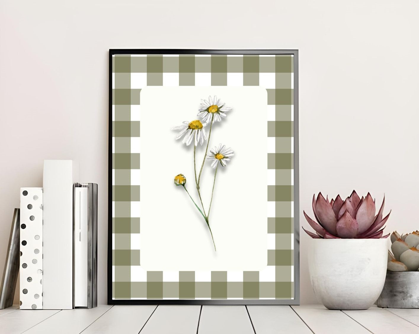Summer Daisy Wall Art Printable – Farmhouse Kitchen Decor – Gingham Country Style Botanical Art