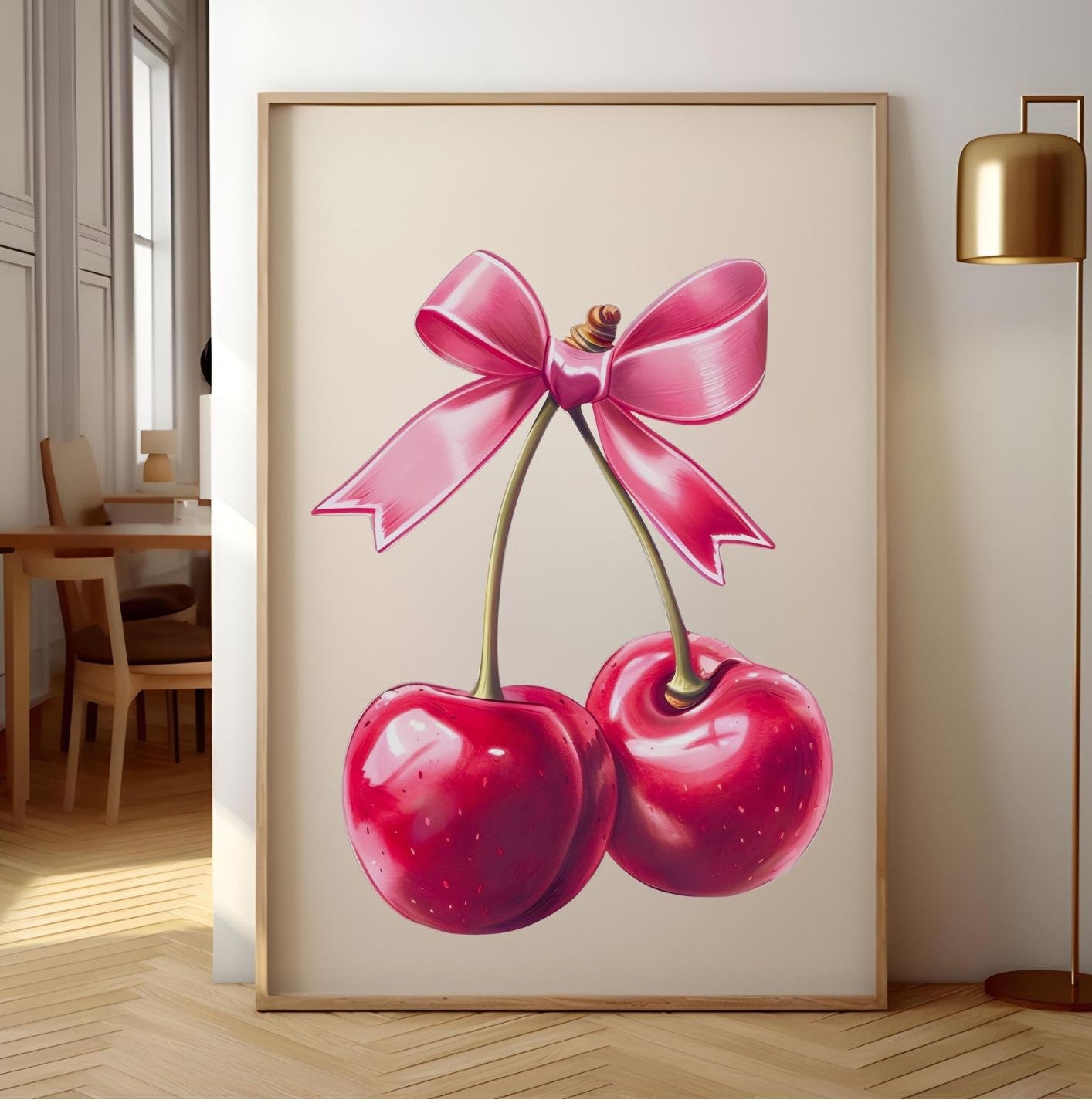 Retro Cherry Wall Art – Cute Pink Bow Kitchen Print – Pop Art Style Poster