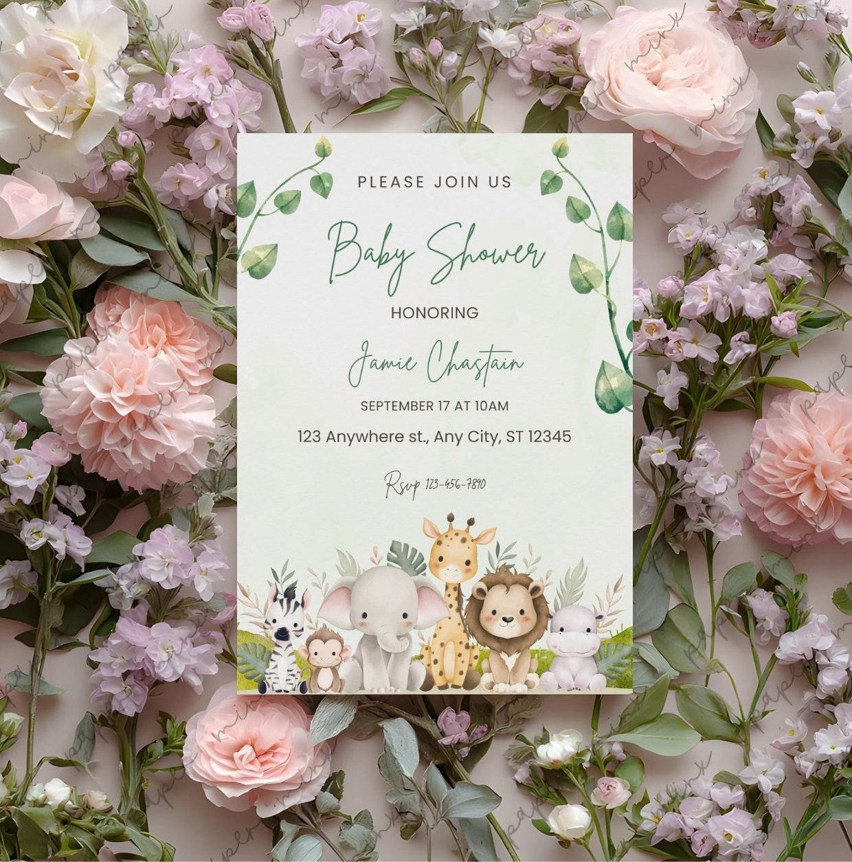 Safari Baby Shower Invitation | Jungle Animals Greenery Invite with watercolor animals and flowers background.