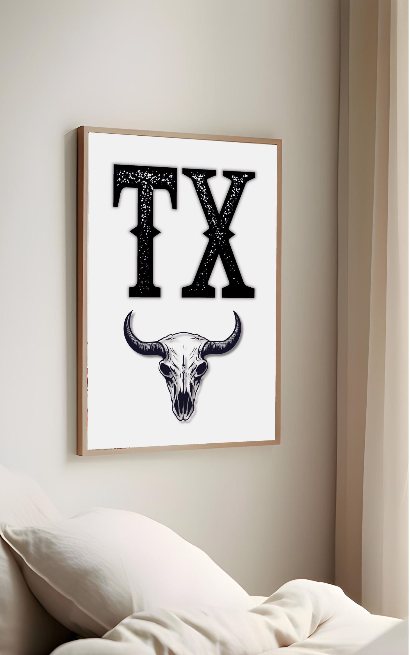Bold TX Print with Bull Skull – Western Cowboy Wall Art, Texas Rustic Decor, Country Style Printable Poster, Digital Download