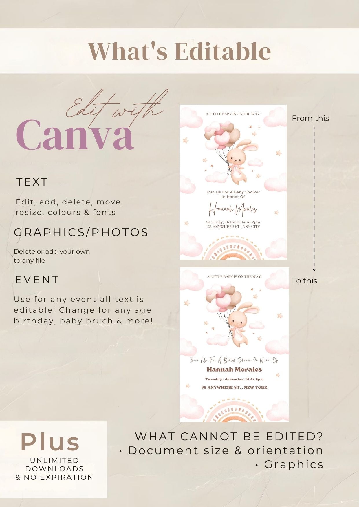 Editable Baby Shower Invitation | Bunny Baby Shower Invite | Pink Balloons Baby Shower Template | Digital Download preview image