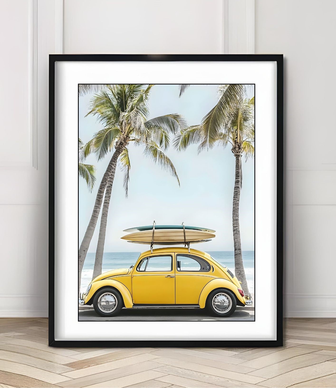 Modern Coastal Wall Art – Yellow VW Beetle with Surfboards – Printable Beach Poster for Summer Decor