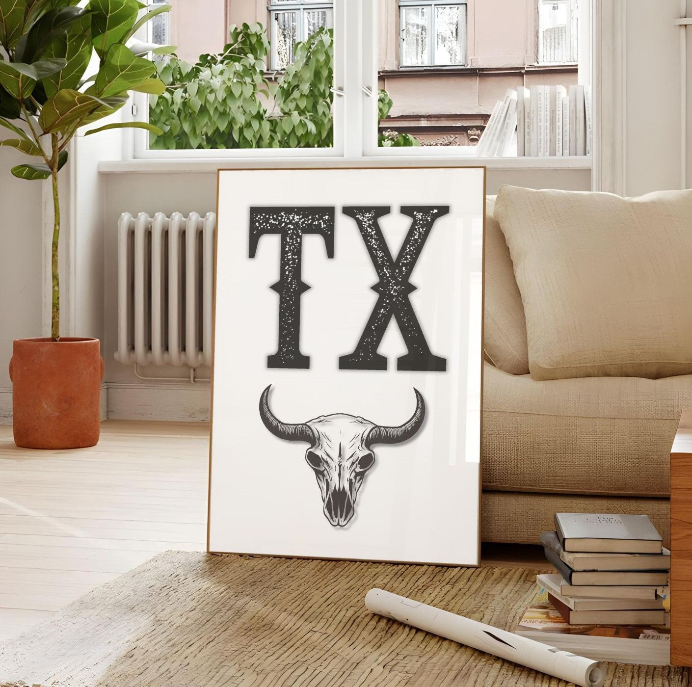 Bold TX Print with Bull Skull – Western Cowboy Wall Art, Texas Rustic Decor, Country Style Printable Poster, Digital Download