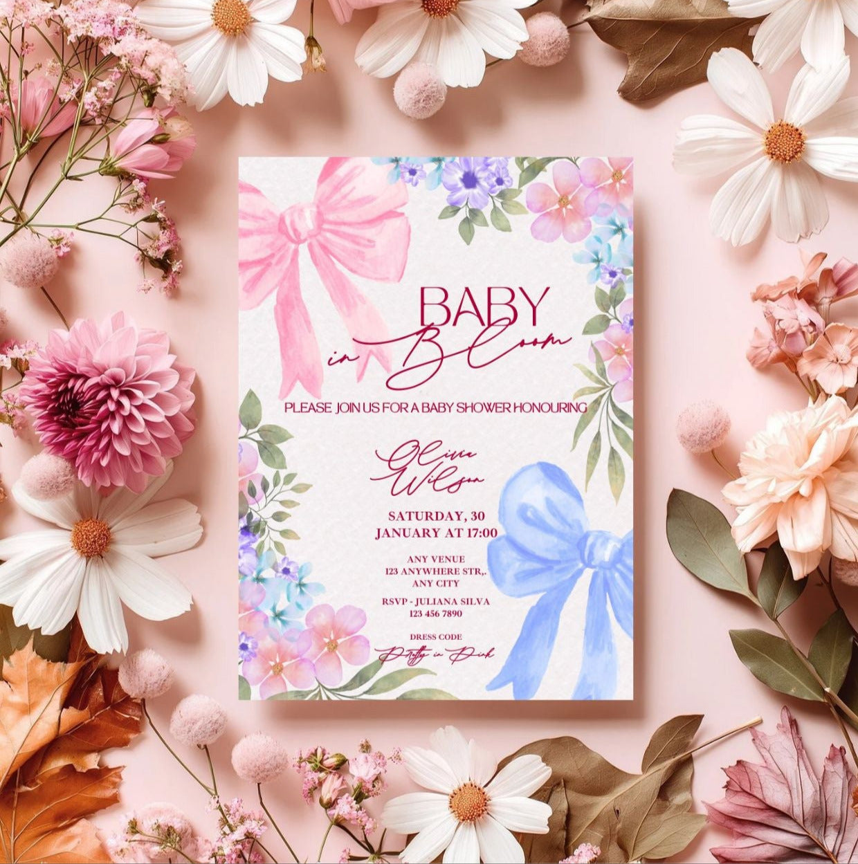 Baby in Bloom Baby Shower Invitation | Pink Floral Bow Editable Template | Printable Party Invite with watercolor flowers and bows