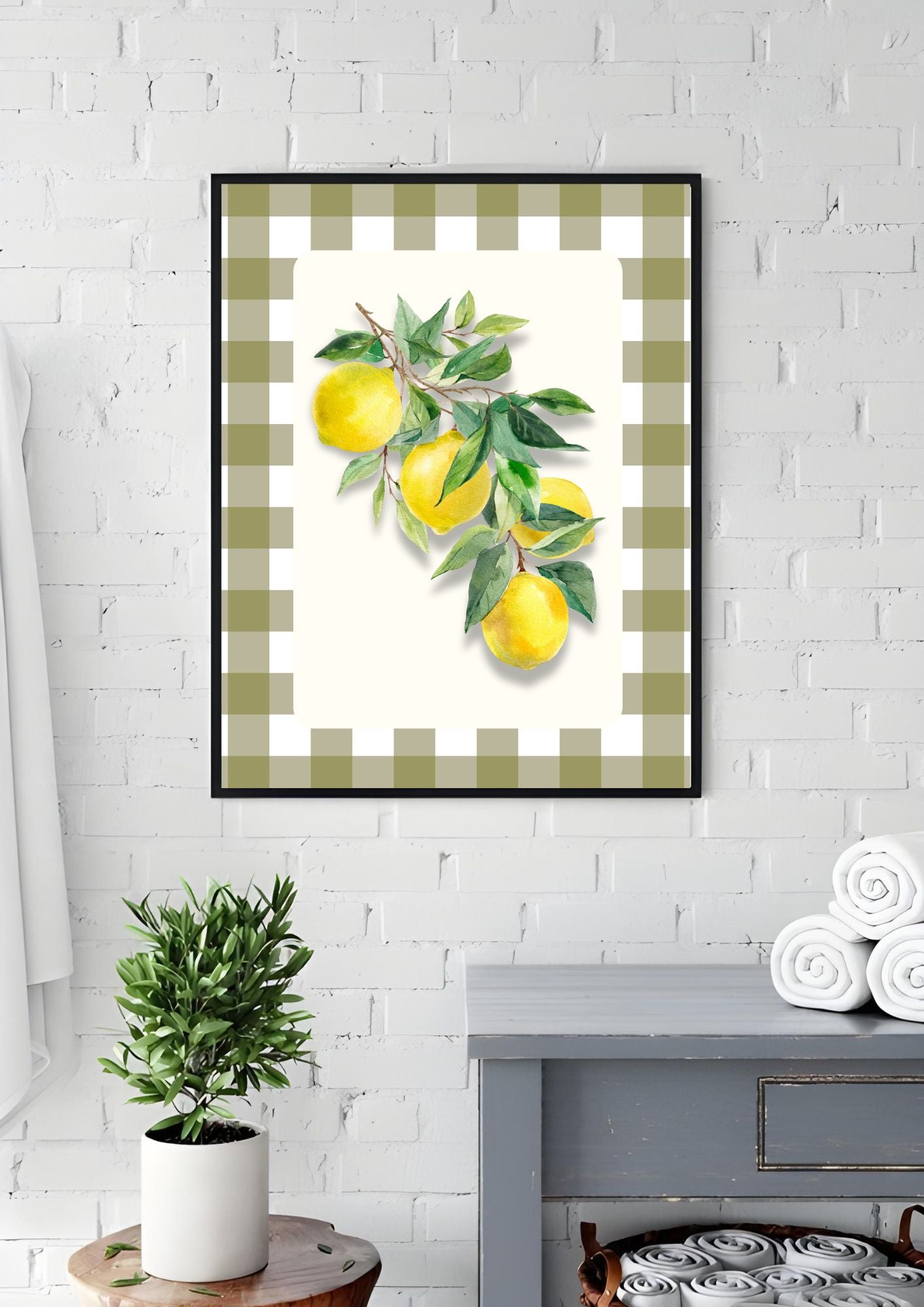 Lemon Kitchen Wall Art – Country Style Gingham Fruit Print – Fresh Summer Citrus Poster