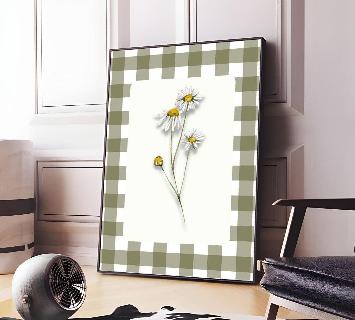 Summer Daisy Wall Art Printable – Farmhouse Kitchen Decor – Gingham Country Style Botanical Art