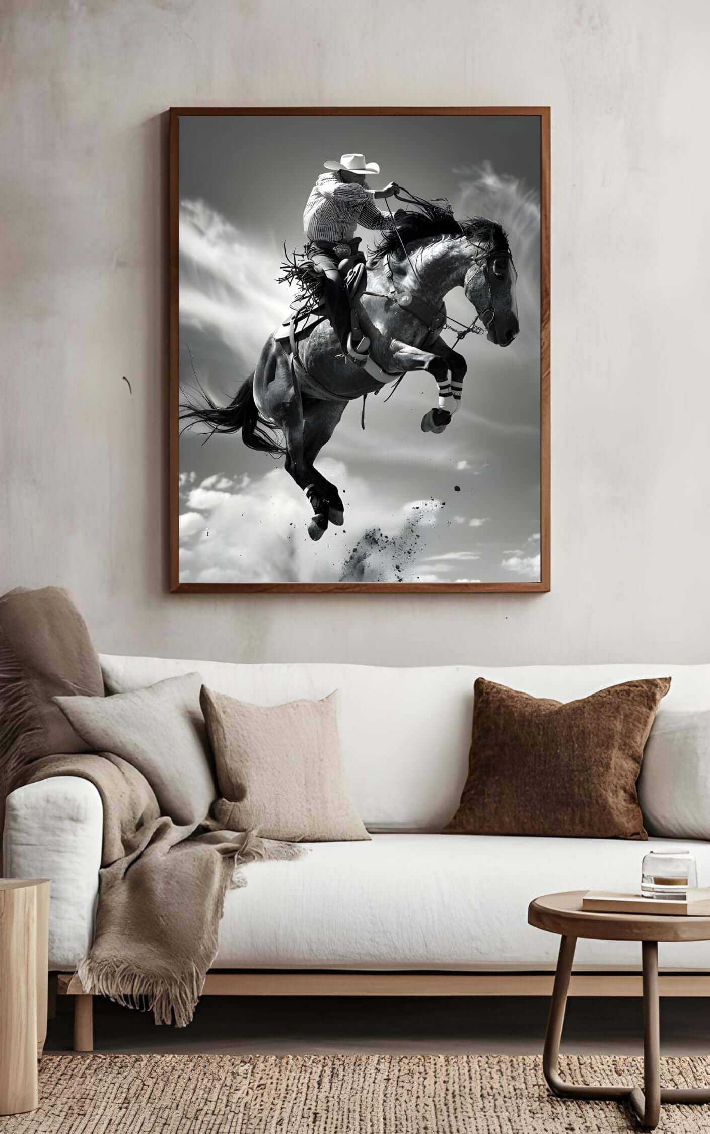 Cowboy Rodeo Wall Art | Black and White Western Horse Print | Rustic Country Decor hanging on a wall in a cozy living room