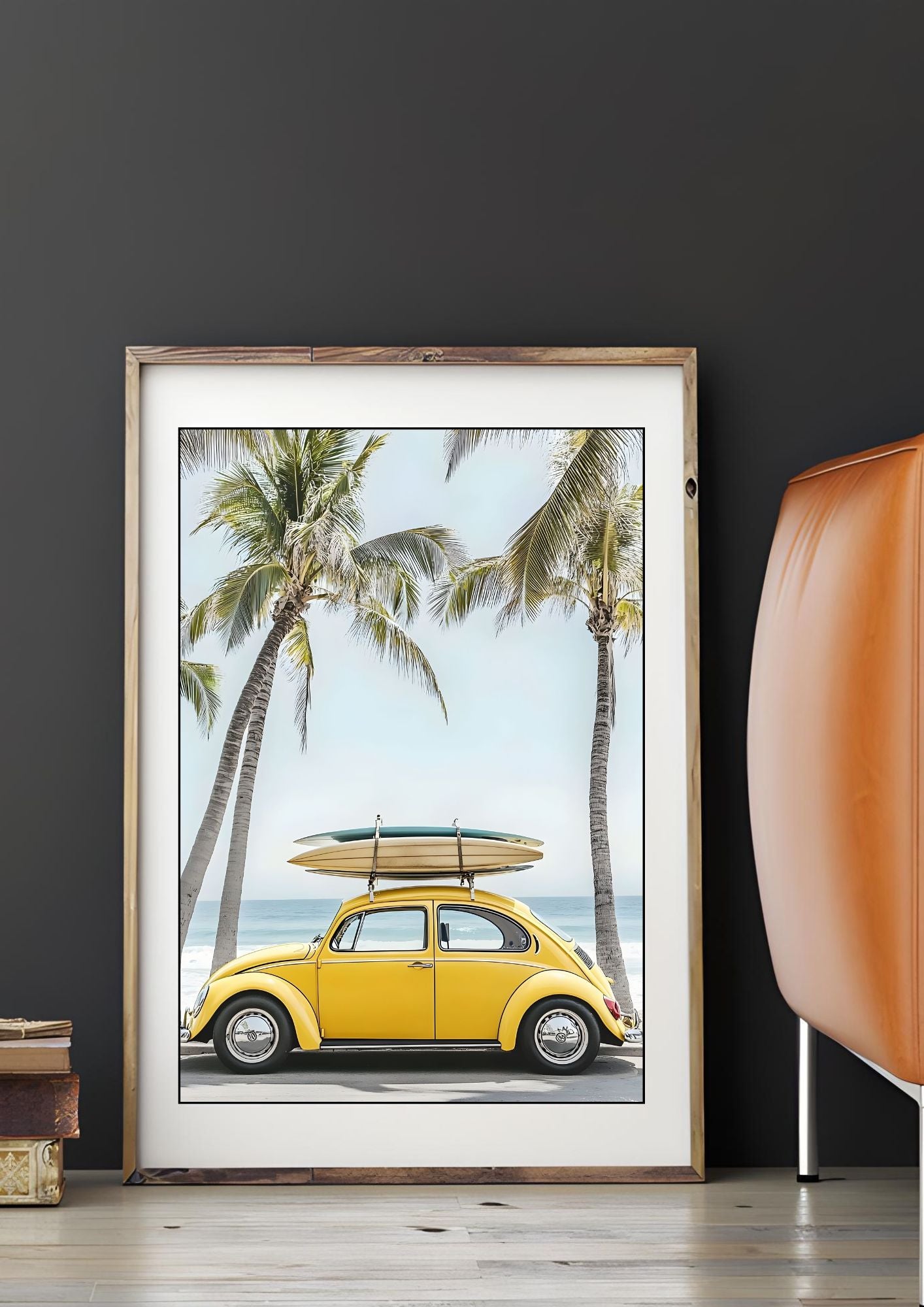 Modern Coastal Wall Art – Yellow VW Beetle with Surfboards – Printable Beach Poster for Summer Decor