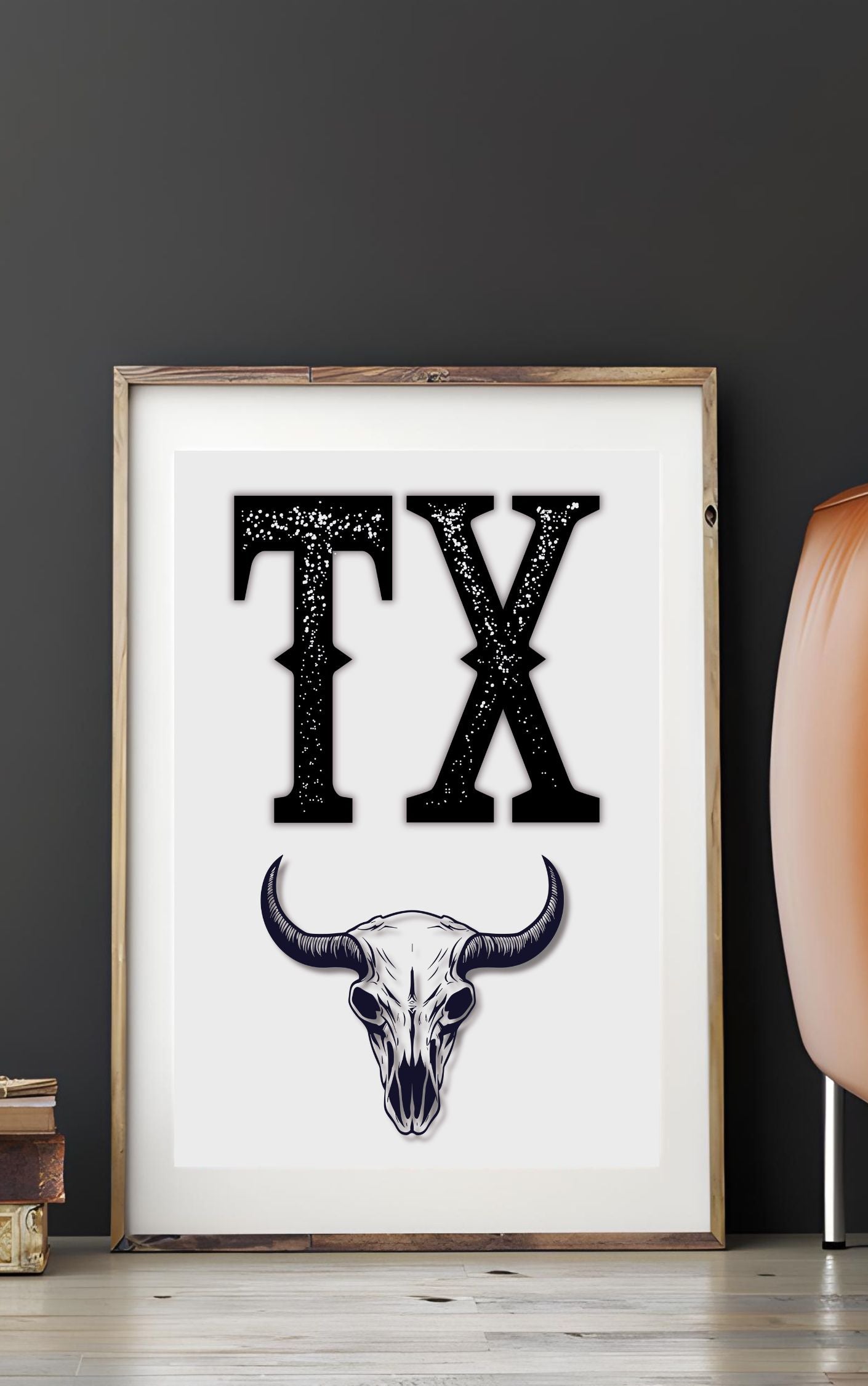 Bold TX Print with Bull Skull – Western Cowboy Wall Art, Texas Rustic Decor, Country Style Printable Poster, Digital Download