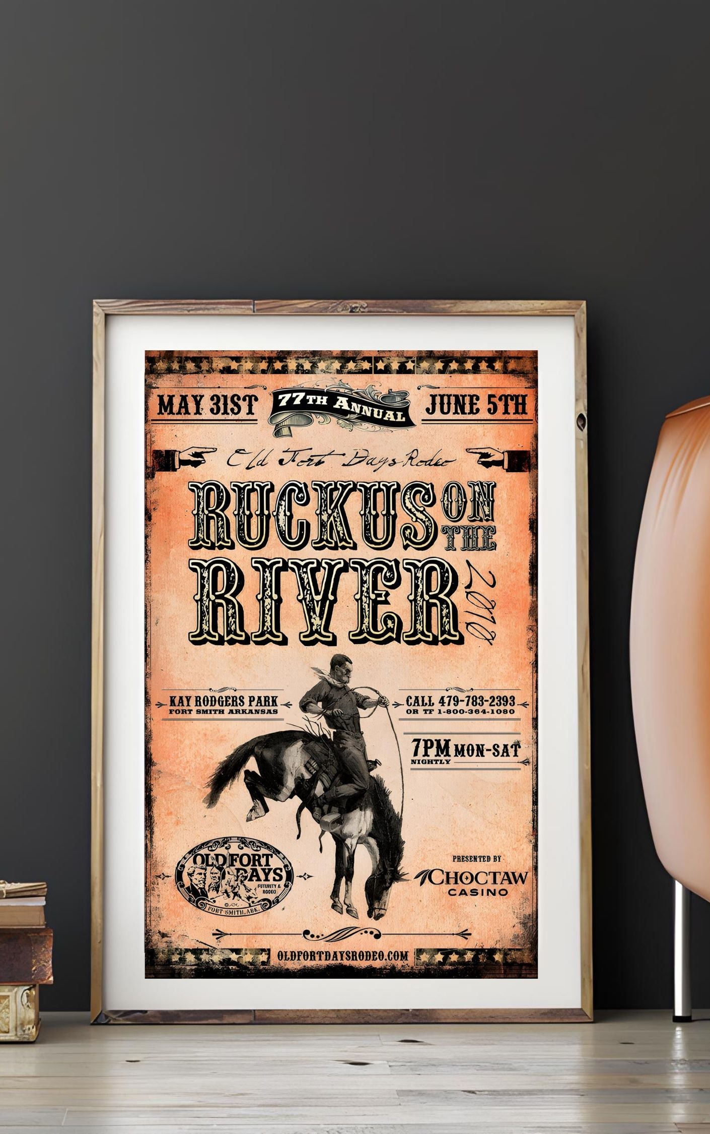 Vintage Rodeo Poster – Ruckus on the River 2010 – Western Cowboy Wall Art for Rustic Home Decor