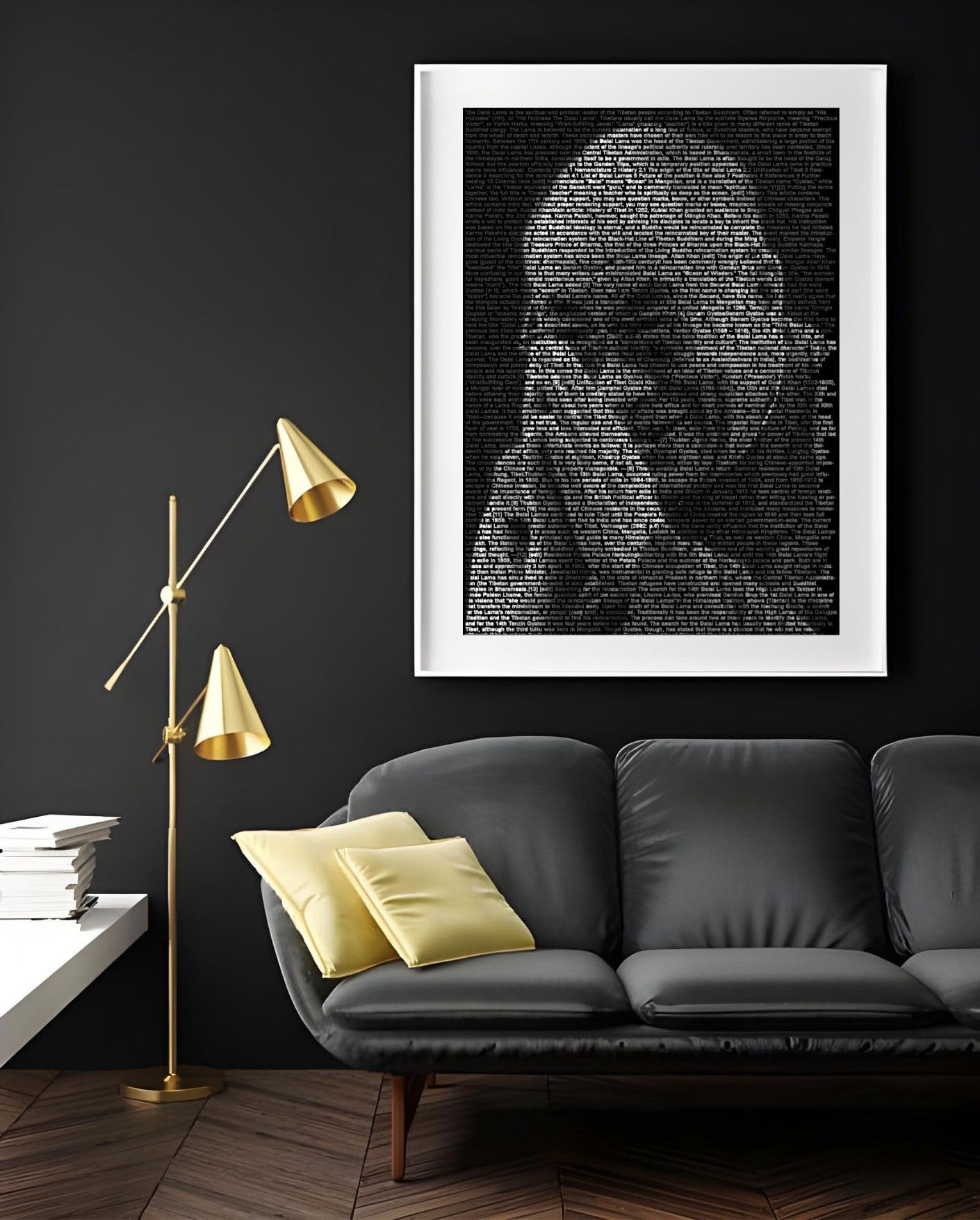 Dalai Lama Typography Portrait – Black & White Inspirational Wall Art – Printable Buddhist Quote Poster displayed in living room.
