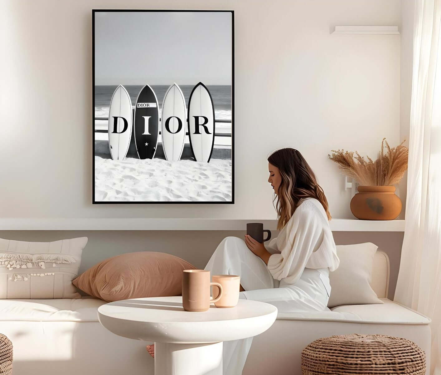 Black & White Surfboards Wall Art – Coastal Modern Digital Download Print in minimalist interior with woman enjoying coffee.