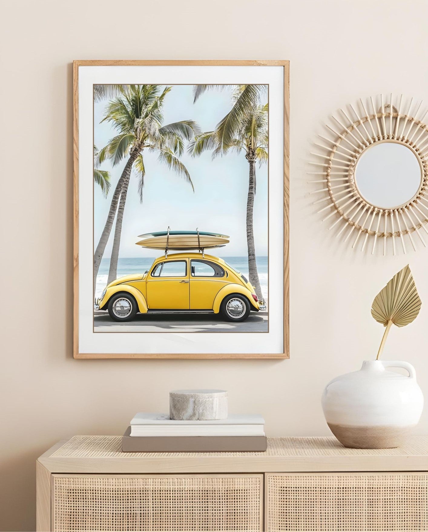 Modern Coastal Wall Art – Yellow VW Beetle with Surfboards – Printable Beach Poster for Summer Decor