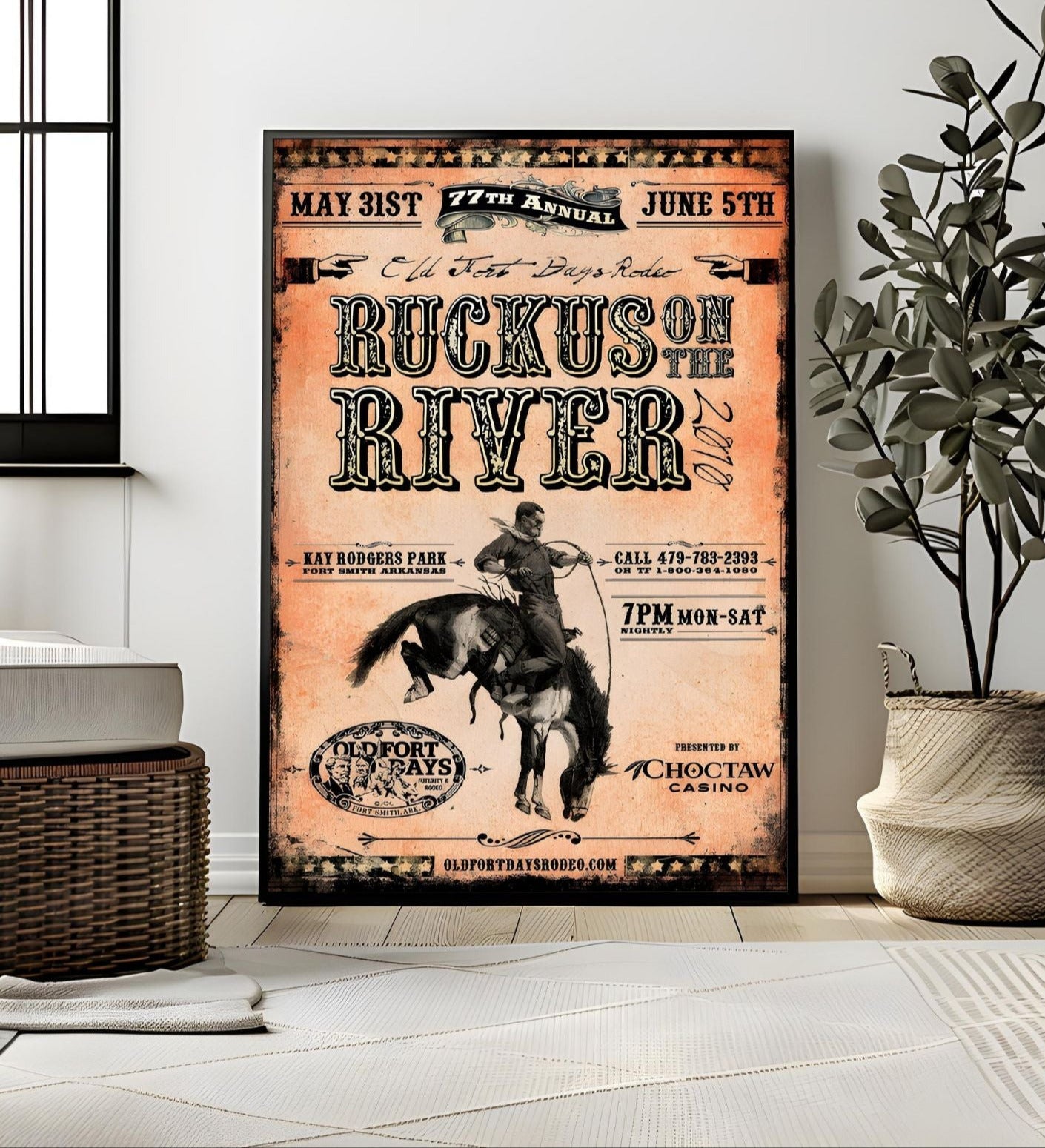 Vintage Rodeo Poster – Ruckus on the River 2010 – Western Cowboy Wall Art for Rustic Home Decor