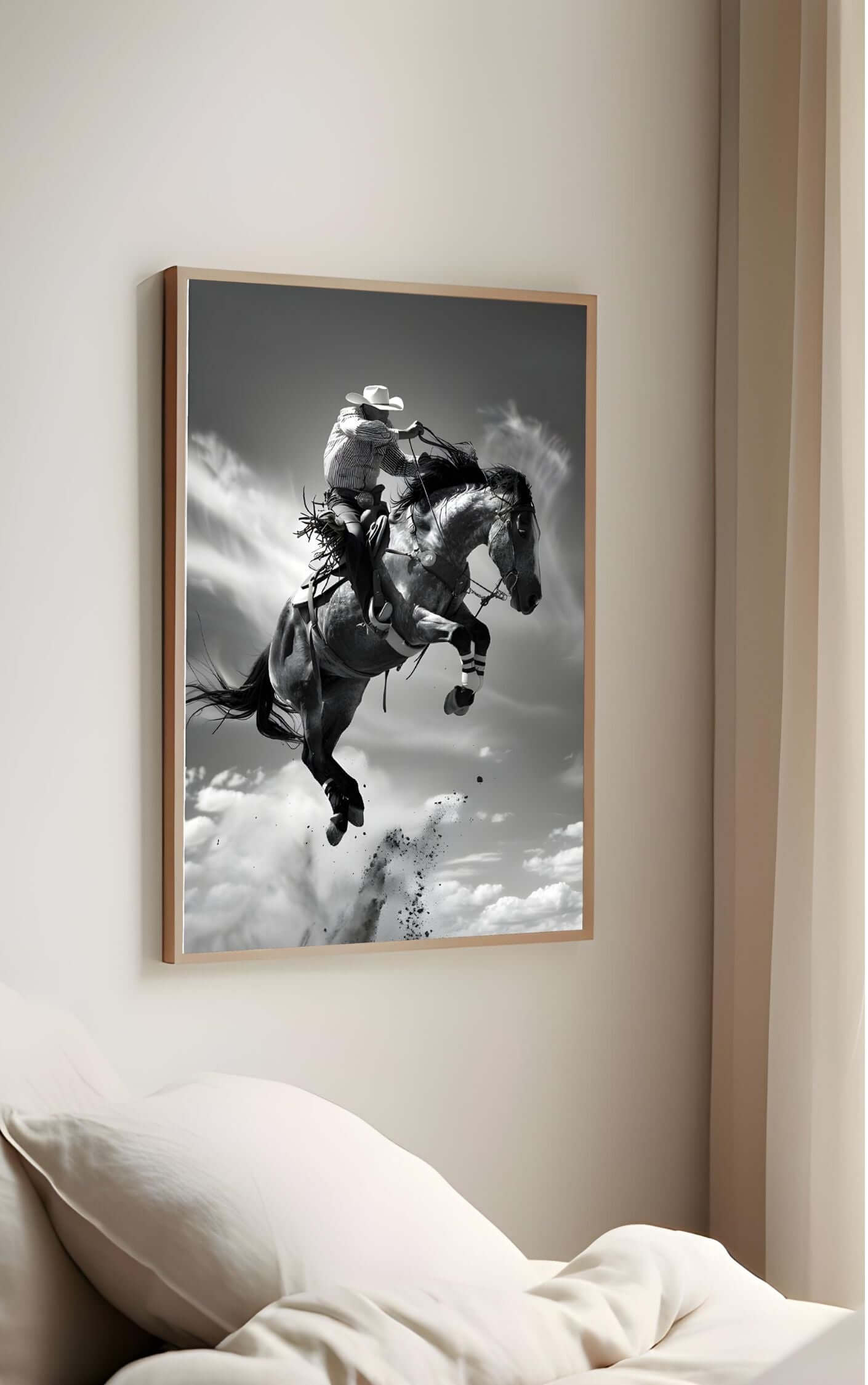 Cowboy Rodeo Wall Art | Black and White Western Horse Print | Rustic Country Decor on display above a bed