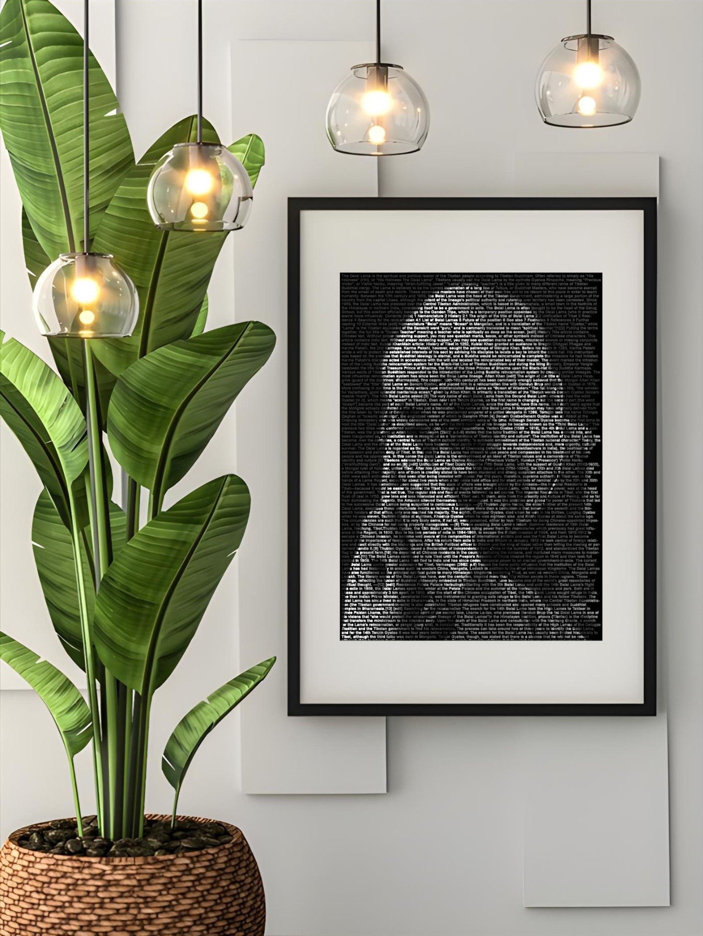 Dalai Lama Typography Portrait – Black & White Inspirational Wall Art – Printable Buddhist Quote Poster on a wall with plants.