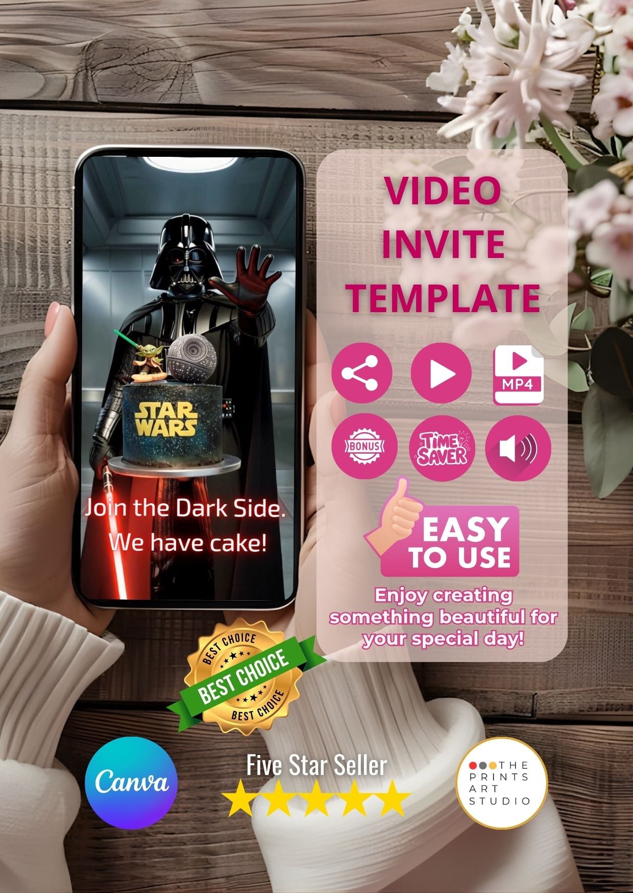 Star Wars Darth Vader Video Invitation showing a phone with Darth Vader holding a cake, perfect for unique birthday invites on Canva.
