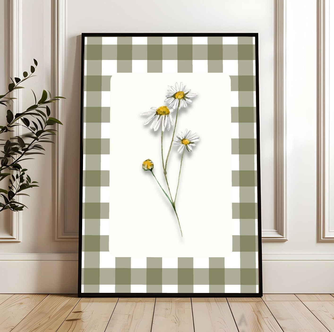 Summer Daisy Wall Art Printable – Farmhouse Kitchen Decor – Gingham Country Style Botanical Art