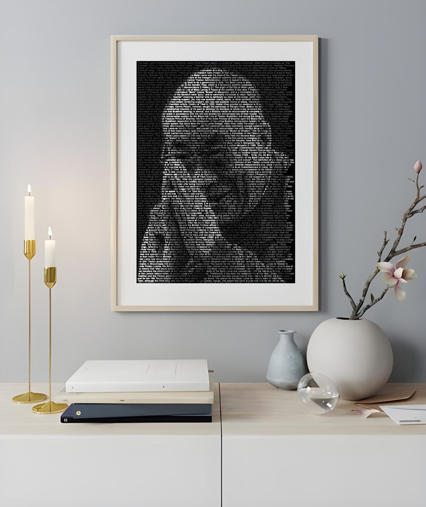 Dalai Lama Typography Portrait – Black & White Inspirational Wall Art – Printable Buddhist Quote Poster in minimalist frame.